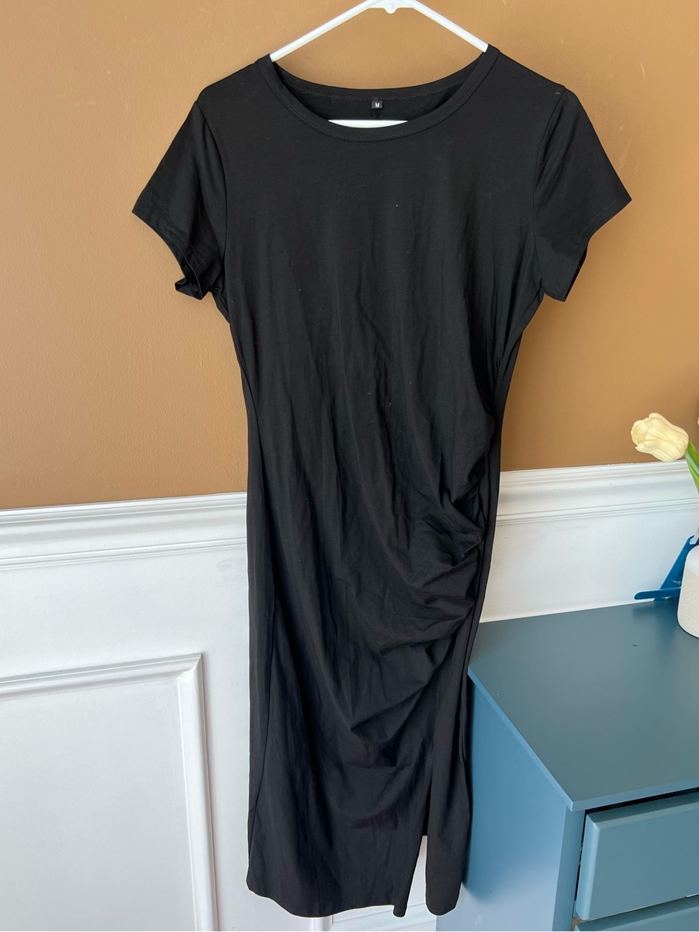 Women’s Black Midi Dress Ruched Side Slit Size M Casual Career Minimalist